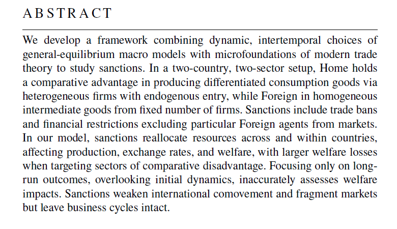 Revised draft of "International Trade and Macroeconomic Dynamics with Sanctions," with <a href="/DaisoonKim/">Daisoon Kim</a> and <a href="/galipkemal/">G. Kemal Ozhan</a>, available at dropbox.com/scl/fi/vw2xqzw… 
#International #Trade #Macroeconomics #Sanctions #Geoeconomics