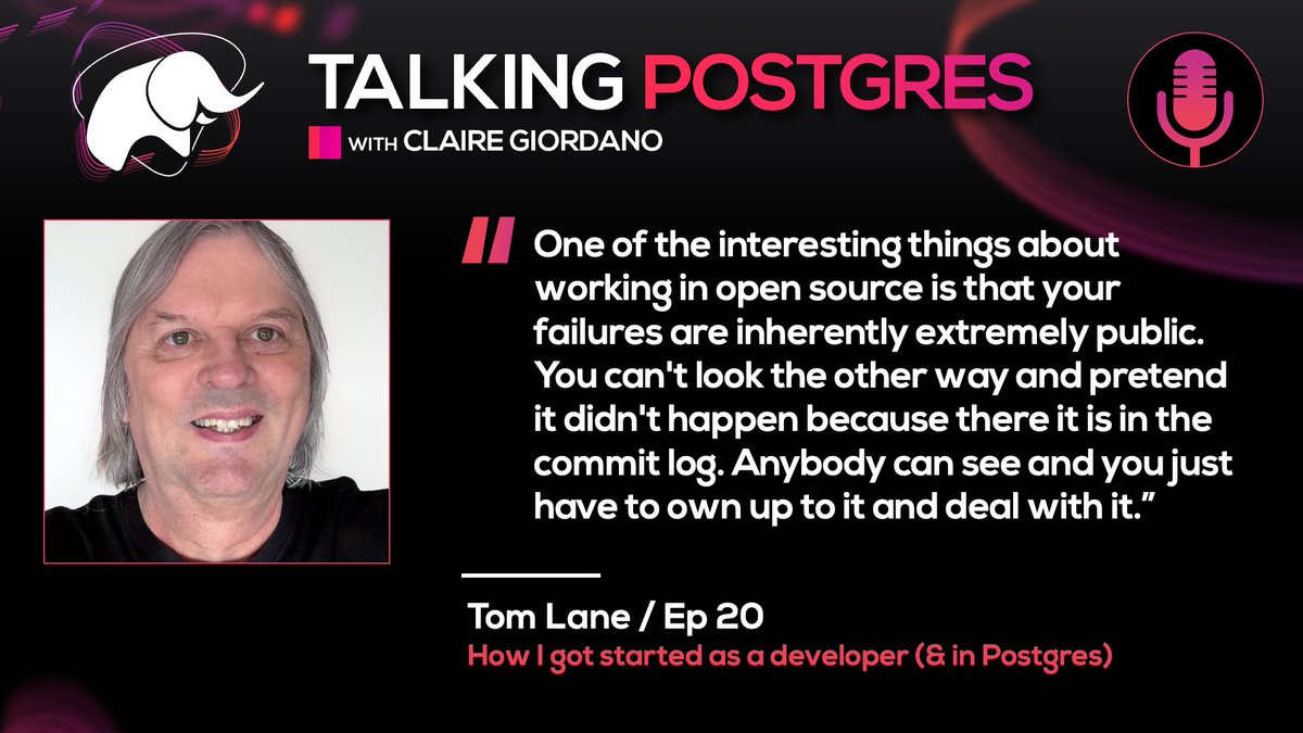 clairegiordano's tweet image. Full disclosure: I'm a bit biased. But if you’re into #PostgreSQL (or open source), #TalkingPostgres might become your next favorite podcast 🎙️
This 🔥 quote is a throwback to Ep20 with Tom Lane—core team member, major contributor, & Postgres committer
🎧 talkingpostgres.com/episodes/how-i…