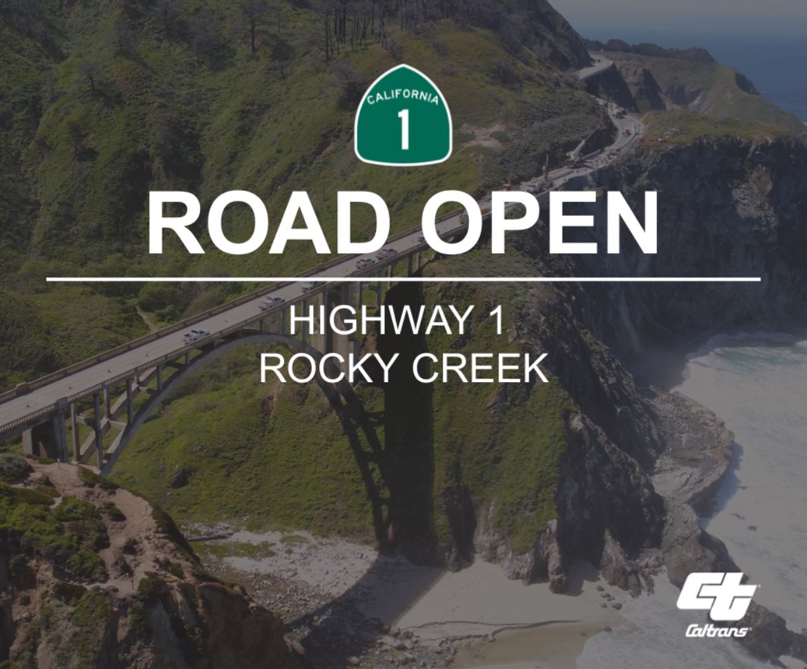 CaltransD5's tweet image. 🚧 UPDATE: FULL REOPENING OF HIGHWAY 1 AT ROCKY CREEK THIS EVENING 🚧 Great news! Highway 1 at Rocky Creek will fully reopen to two lanes after extensive emergency repairs and the construction of a viaduct on Monday, June 30 by 8 PM following a slip out in 2024.
@CaltransHQ