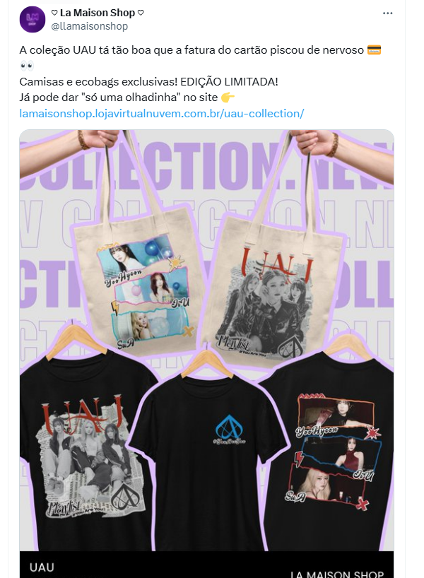 No site aparece esta camiseta também, mas ela só estará disponível para retirada nas cidades da América do Norte (e custaria 240 reais)

Mas recomendamos 2 lojas BRs que estão com vendas de camisetas lindas para a fancom do UAU, <a href="/storeroseblue/">Rose Blue Store</a> e <a href="/llamaisonshop/">♡ La Maison Shop ♡</a>!