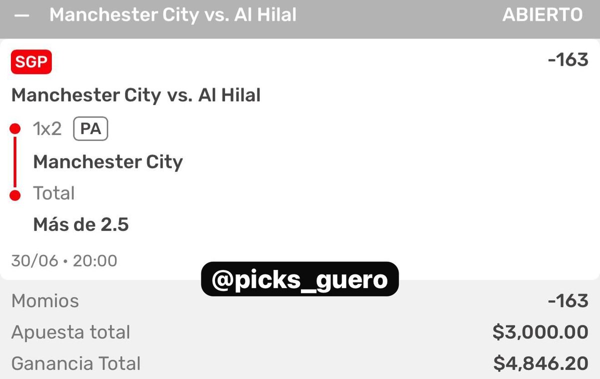 🚨 PICK DEL GÜERO 🚨

#ManchesterCity: 1x2 y Más de 2.5 (-163) ⚽️

A DARLE! 👊🏼 #GueroPicks 💰 #FIFACWC #FREEPICK