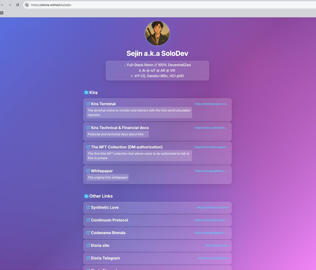 sejindoesart's tweet photo. 1. Recently I launched "The Continuum Protocol"
https://t.co/I1ylZtRXbA

A sophisticated dapp, that allows anyone and for free to Generate their own AI persona emulating any human being based on Smart contextual information. (Basically you write and share with the smart field anything you want or have, posts, explanations, prompts, writing samples, tweets" and the system analyzes and builds the persona based on it)

The Continuum Protocol boosts $KIRAI by allowing users Holding or Staking $Kirai to access premium and advanced services.

============

2. Today the daap got a massive update:

You can now create your own custom hub page at Eloria - yes, your own site and it amazing, looks beautiful and takes seconds

I looked for days at what companies like Linktree offer for paid services and thought: I can build something way better. So I did build it.

============

3. Trust me, it's wild:

- Actual control

- Create/organize categories

- Manage/Edit your Descriptions, Name, Display name, Multiline Bio, Links, Avatar

- Reorder, edit, delete however you want

- Inline, easy and smooth

It creates a complete site you and you can manage and looks and works smooth!

============

4. The requirement for using it? 

You need to have 1M $KIRAI (held or staked, the system will find it automatically from the chain)

Bonus: Integrates with your saved Continuum Protocol personas!

Your created personas' avatars will show up automatically as profile picture options!

============

5. But just go and try it yourself:

-> https://t.co/I1ylZtRXbA

And if you are missing your $KIRAI go and buy it now that is affordable:
-> https://t.co/LZkNQb5jci