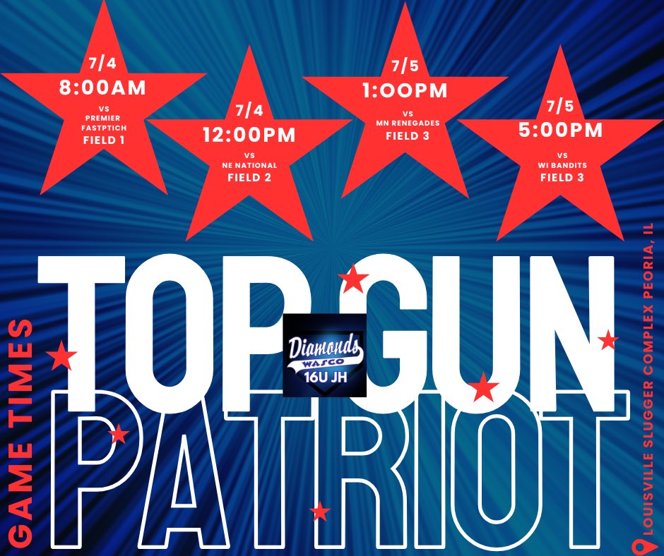 Gwyneth Falk (@gwynethfalk2027) on Twitter photo <a href="/WD16uJH/">Wasco Diamonds 16u JH</a> is heading down to Peoria this weekend for the <a href="/TopGunEvents/">Top Gun Events</a> Patriot tourney this weekend. Come check us out at the <a href="/sluggerpeoria/">Louisville Slugger Sports Complex</a> fields starting at 8am this Friday!!
Pool play schedule below ⬇️⬇️ <a href="/WD16uJH/">Wasco Diamonds 16u JH</a> is heading down to Peoria this weekend for the <a href="/TopGunEvents/">Top Gun Events</a> Patriot tourney this weekend. Come check us out at the <a href="/sluggerpeoria/">Louisville Slugger Sports Complex</a> fields starting at 8am this Friday!!
Pool play schedule below ⬇️⬇️