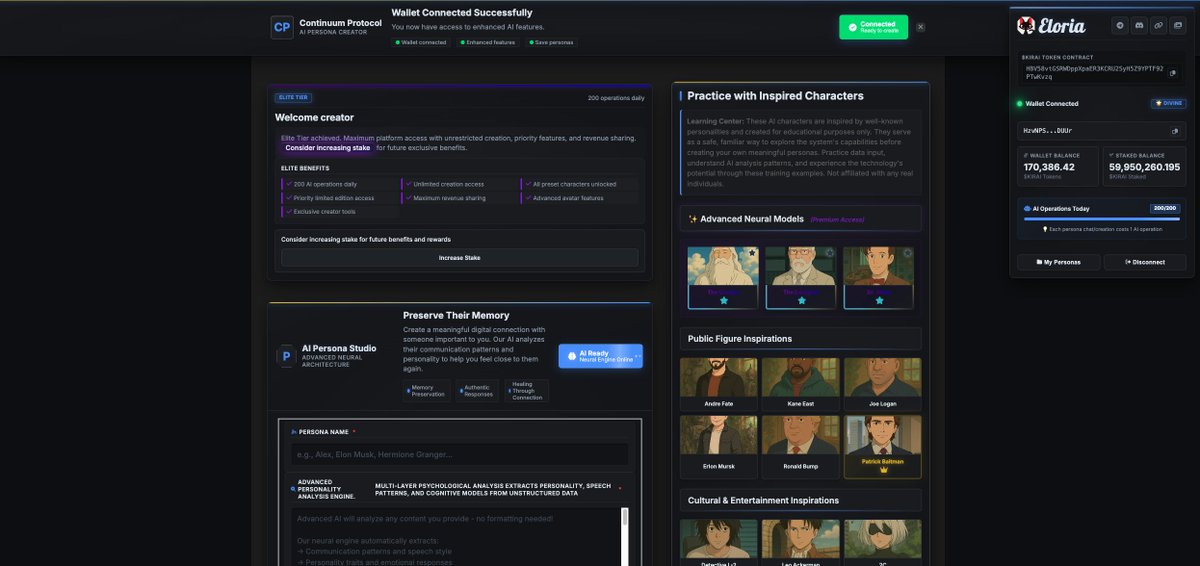 sejindoesart's tweet photo. 1. Recently I launched "The Continuum Protocol"
https://t.co/I1ylZtRXbA

A sophisticated dapp, that allows anyone and for free to Generate their own AI persona emulating any human being based on Smart contextual information. (Basically you write and share with the smart field anything you want or have, posts, explanations, prompts, writing samples, tweets" and the system analyzes and builds the persona based on it)

The Continuum Protocol boosts $KIRAI by allowing users Holding or Staking $Kirai to access premium and advanced services.

============

2. Today the daap got a massive update:

You can now create your own custom hub page at Eloria - yes, your own site and it amazing, looks beautiful and takes seconds

I looked for days at what companies like Linktree offer for paid services and thought: I can build something way better. So I did build it.

============

3. Trust me, it's wild:

- Actual control

- Create/organize categories

- Manage/Edit your Descriptions, Name, Display name, Multiline Bio, Links, Avatar

- Reorder, edit, delete however you want

- Inline, easy and smooth

It creates a complete site you and you can manage and looks and works smooth!

============

4. The requirement for using it? 

You need to have 1M $KIRAI (held or staked, the system will find it automatically from the chain)

Bonus: Integrates with your saved Continuum Protocol personas!

Your created personas' avatars will show up automatically as profile picture options!

============

5. But just go and try it yourself:

-> https://t.co/I1ylZtRXbA

And if you are missing your $KIRAI go and buy it now that is affordable:
-> https://t.co/LZkNQb5jci