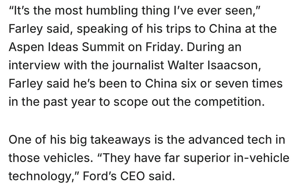 A tale of two CEOs:

GM CEO Mary Barra: Chinese EVs have no tech advantage, just heavily subsidized.

Ford CEO Jim Farley: They have superior tech. We need to learn from them.