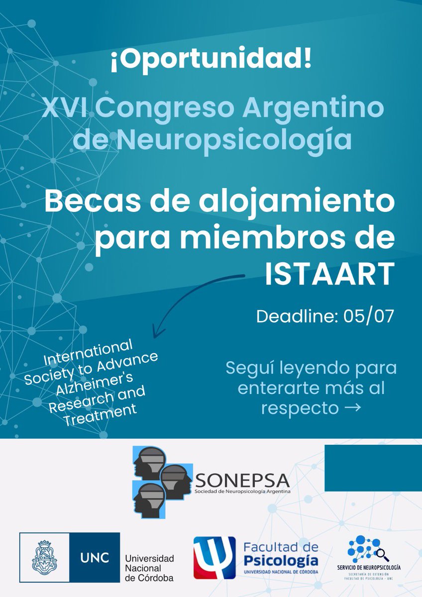sonepsa's tweet photo. 📢 ¡Oportunidad! 

🧠 La Sociedad Científica ISTAART, a través del PIA de Cognición, ofrece becas de alojamiento para miembros ISTAART participantes del XVI Congreso Argentino de Neuropsicología. https://t.co/XQExJhGnRY