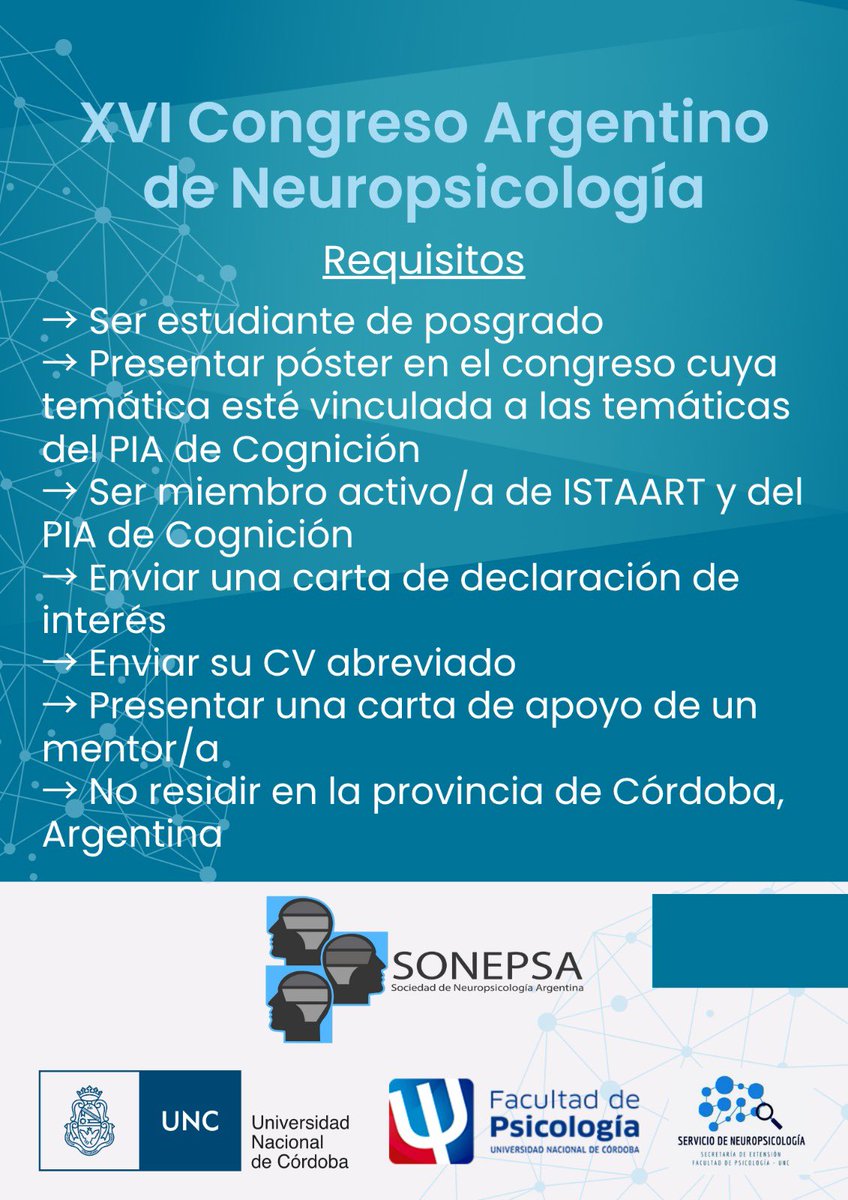 sonepsa's tweet photo. 📢 ¡Oportunidad! 

🧠 La Sociedad Científica ISTAART, a través del PIA de Cognición, ofrece becas de alojamiento para miembros ISTAART participantes del XVI Congreso Argentino de Neuropsicología. https://t.co/XQExJhGnRY