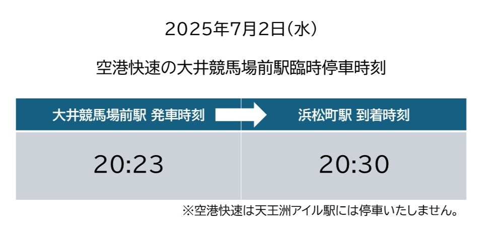 ＼大井競馬場での帝王賞に伴うお知らせ／
7/2（水）に開催される帝王賞に伴い、当日は大井競馬場前駅に空港快速が1本臨時停車（浜松町方面のみ）いたします。時刻については、画像をご覧ください。
#帝王賞 #重賞レース #大井競馬 #東京シティ競馬 #TCK #東京モノレール