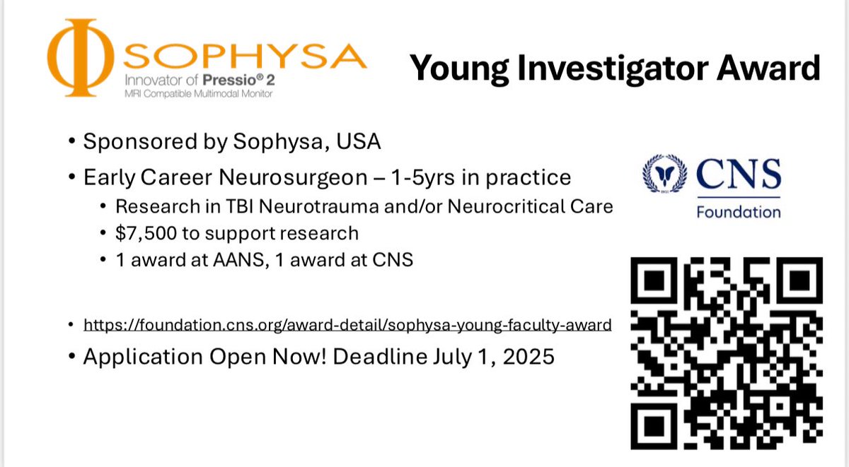 AANSCNStrauma's tweet image. Deadline extended until July 7 for the Sophysa Young Investigator Award. Apply today! #tbi #neurotrauma #braininjury