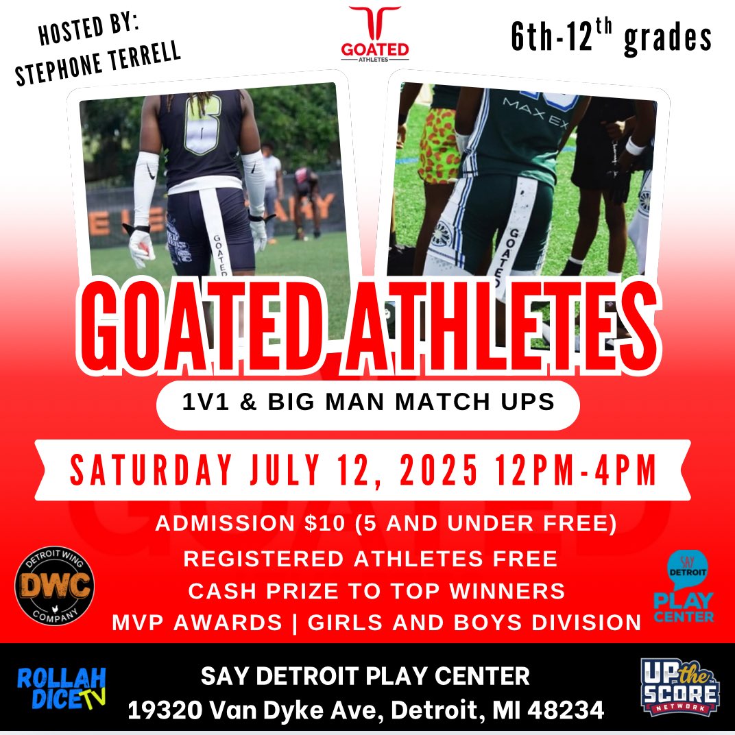 The GOATED 1v1 &amp; Big Man Match Up is going down July 12th at SAY Detroit Field. Elite talent. Real competition. Don’t miss your shot to prove you’re GOATED. 🐐🔥 #GOATEDShowcase #1v1Football #YouthFootball”