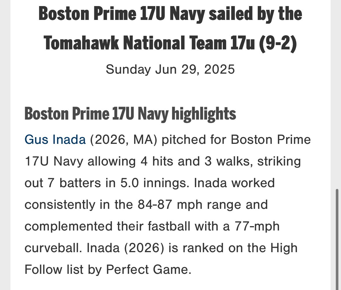 Gus Inada (@gus0739102) on Twitter photo Had a great time in Georgia at the #wwba National Championship competing with <a href="/BostonPrimebb/">Prime Baseball</a>
7.2 ip 10k 3r 3bb across two appearances
Fb T87
<a href="/CoachMazz/">Coach Mazz</a> Had a great time in Georgia at the #wwba National Championship competing with <a href="/BostonPrimebb/">Prime Baseball</a>
7.2 ip 10k 3r 3bb across two appearances
Fb T87
<a href="/CoachMazz/">Coach Mazz</a>