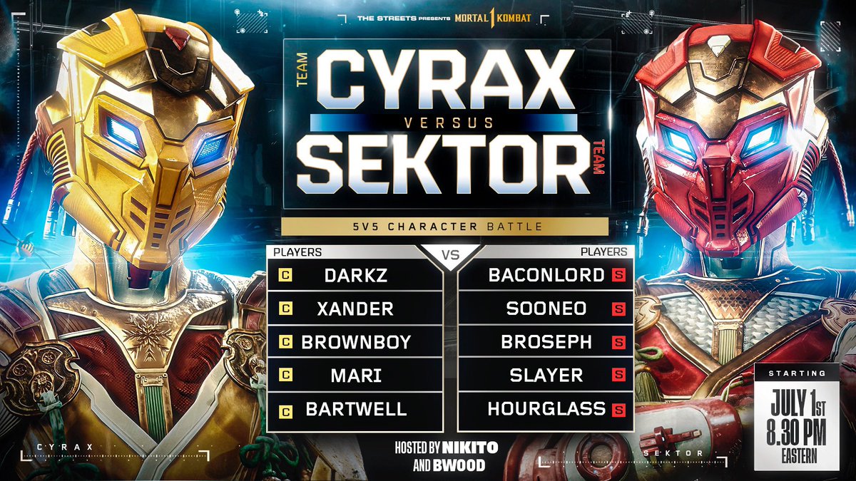 ME AND MY BROTHER <a href="/BWoodTTV/">SYN BWood</a> hosting a stacked 5v5 Character Battle
July 1st
8:30 pm est
TEAM SEKTOR VS TEAM CYRAX!

🎥 Streamed on: twitch.tv/nikito_theone
Pot will be crowdfunded but come enjoy the vibes!

Who yall think gonna win? Sidebets?

<a href="/STierGamingCo/">STG</a> 
#MortalKombat