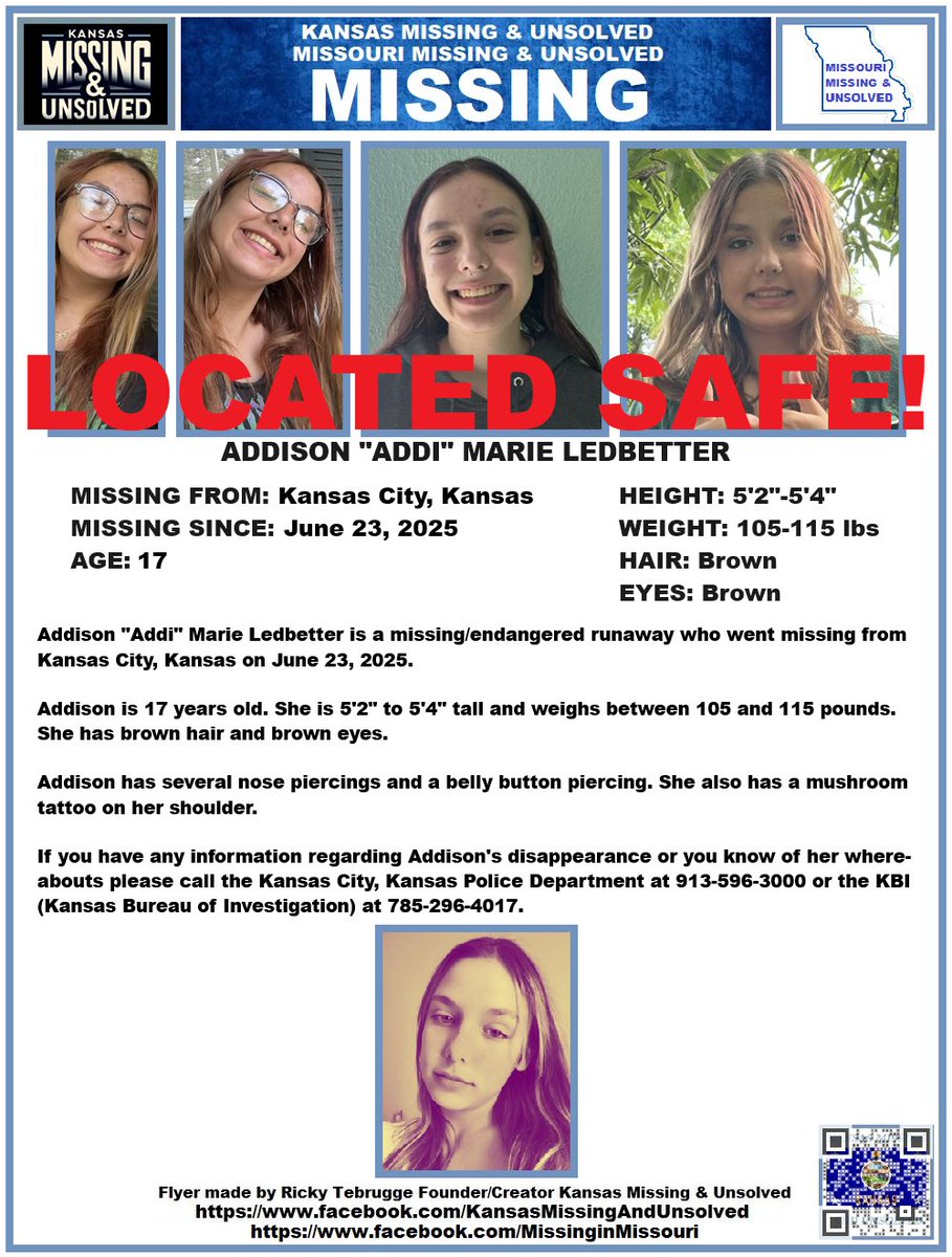 KS Missing&Unsolved - Ricky Tebrugge - FDR/CREATOR (@kansasmissing) on Twitter photo ADDISON HAS BEEN #LOCATED SAFE!!! THANK YOU TO ALL WHO SHARED HER FLYER!!!
#MISSINGPERSON #MISSING <a href="/AnnetteLawless/">Annette Lawless π»</a> #KansasMissing #MissingInKS #KansasCityKS ADDISON HAS BEEN #LOCATED SAFE!!! THANK YOU TO ALL WHO SHARED HER FLYER!!!
#MISSINGPERSON #MISSING <a href="/AnnetteLawless/">Annette Lawless π»</a> #KansasMissing #MissingInKS #KansasCityKS