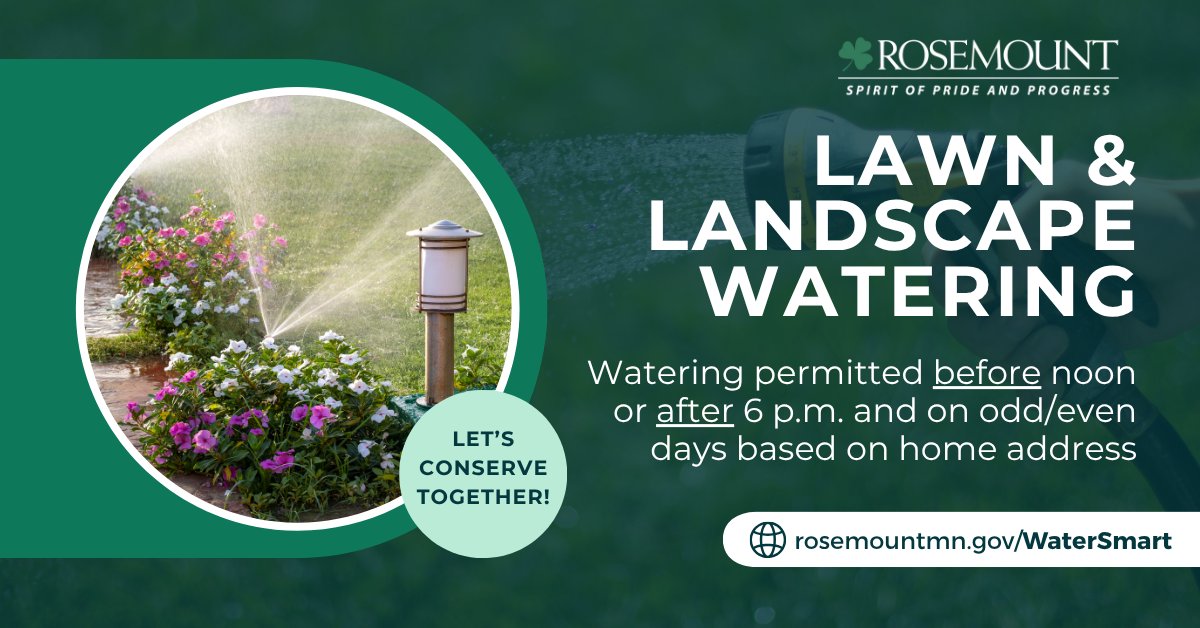 Conserve water! 🌊 Follow city lawn watering rules. Get tips for maintaining a healthy lawn while saving water: rosemountmn.gov/WaterSmart