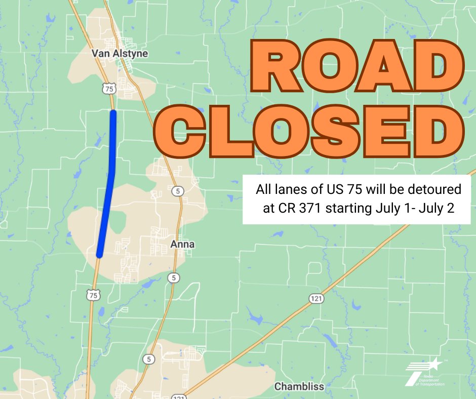 TxDOTDallas's tweet image. COLLIN COUNTY- All lanes US 75 will be detoured at CR 371 to the frontage roads from 9p July 1 through 5a July 2 as part of the ongoing project. Significant delays can be expected. Please plan extra travel time or avoid the area during the scheduled closures.