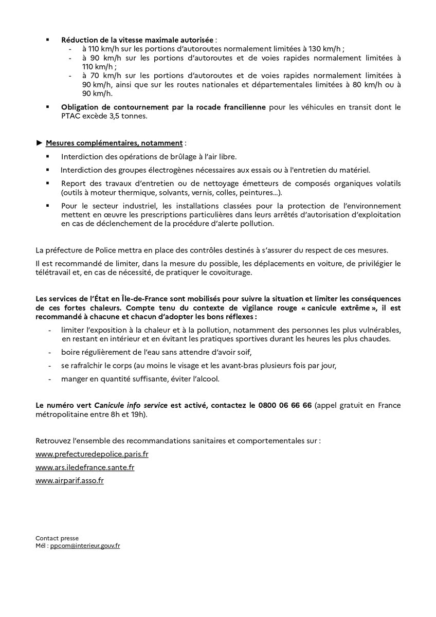 #alertepollution | Pollution à l'Ozone en Île-de-France - Mise en place de mesures restrictives et  circulation différenciée ce mardi 1er juillet.
Consultez le communiqué de  presse de la préfecture de police ⤵️