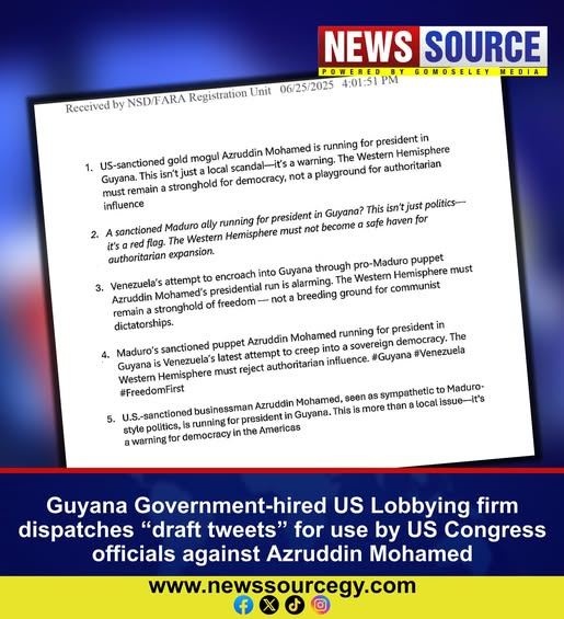 AntroCanal's tweet image. #30Jun Una firma de cabildeo de Washington D. C., contratada por el Gobierno de Guyana con un costo de US$50.000 mensuales, envió una serie de "borradores de tuits" a funcionarios del Congreso estadounidense para su uso. Todos ellos están dirigidos contra Azruddin Mohamed,