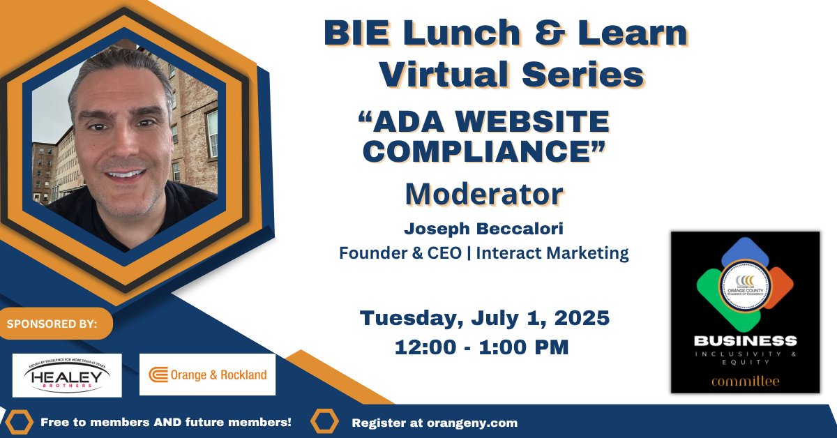 It's not too late to subscribe to our Lunch and Learn . Presented by the Orange County Chamber of Commerce and Interact Marketing  - July 1 12PM -   Learn about ADA compliance for your website, best practices, and legal risk mitigation.   Register now.  members.orangeny.com/member-events/…