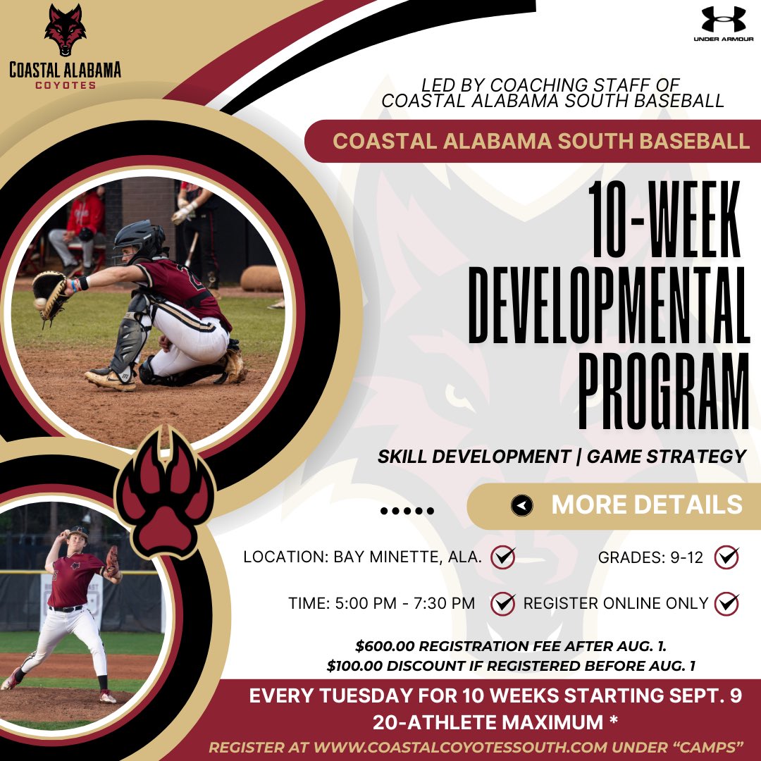Coastal Alabama South Athletics (@coastalal_south) on Twitter photo BSB ā¾ļø | The Coastal Alabama South Baseball program announces its 10-week developmental program for prospective high school student-athletes beginning in September!
For more information and to register, click here š: coastalcoyotessouth.com/registrations/ā¦
#GoYotes | <a href="/CoyoteSouthBSB/">CA South Coyote Baseball</a> BSB ā¾ļø | The Coastal Alabama South Baseball program announces its 10-week developmental program for prospective high school student-athletes beginning in September!
For more information and to register, click here š: coastalcoyotessouth.com/registrations/ā¦
#GoYotes | <a href="/CoyoteSouthBSB/">CA South Coyote Baseball</a>