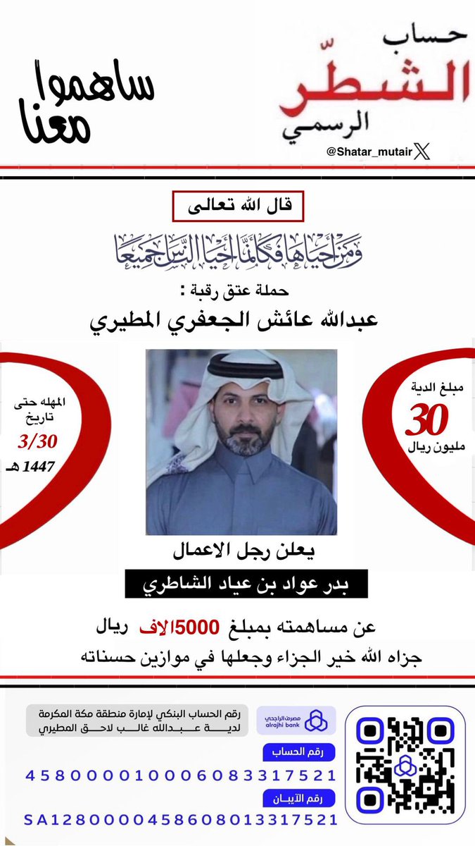 Shatar_mutair's tweet photo. مشاركة رجل الأعمال
بدر عواد بن عياد الشاطري
في حملة تبرع دية #عتق_رقبة_عبدالله_عايش_المطيري
جزاه الله خير الجزاء وجعلها الله في ميزان حسناته واعماله ولا يستغرب منه العطاء والوفاء للقبيله دائماً https://t.co/XHLCDKKi8N