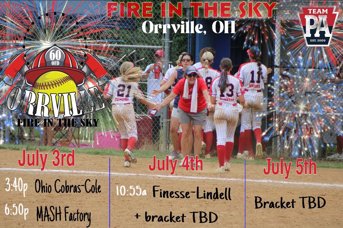 I’m so excited to get back on the field  this weekend in Orville, Ohio for the Fire in the Sky tournament. Here is our schedule below👇. Come check us out!
❤️💙❤️💙
#4thofJuly <a href="/teampafastpitch/">Team Pennsylvania Fastpitch</a> <a href="/TeamPAMadison/">Team Pennsylvania Madison</a> <a href="/DukeSOFTBALL/">Duke Softball</a> <a href="/DukeCoachYoung/">Marissa Young</a> <a href="/PITTcoachallard/">Jenny Allard</a> <a href="/shumaker_taylor/">Taylor Shumaker</a>