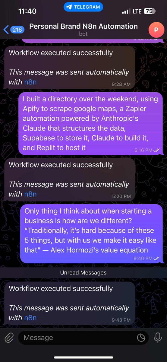1. I’m walking
2. I get an idea for an article
3. I open Telegram -> send idea as a message
4. <a href="/n8n_io/">n8n.io</a> AI agent researches the topic and SERPs using <a href="/perplexity_ai/">Perplexity</a>
5. Agent saves to my idea bank

What a time to be alive
