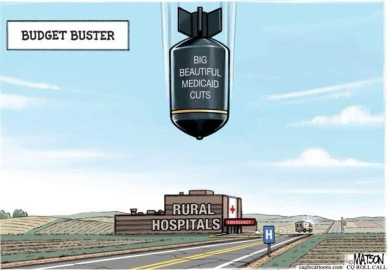ForwardCarolina's tweet photo. The Republican budget bill working its way through Congress right now will close 5 rural hospitals around North Carolina, and put several more severely at risk.

This is a political choice, not a financial necessity. The same budget adds trillions of dollars to the national debt and slashes taxes for the super wealthy. Why would they choose that?