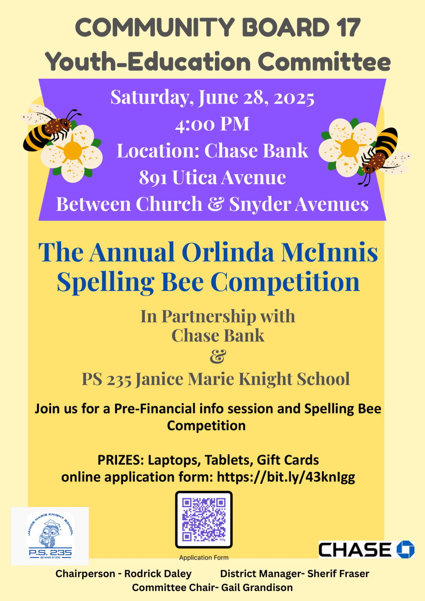 CommunityB17's tweet photo. CB17’s Youth-Education Committee proudly hosted the Annual Orlinda McInnis Spelling Bee on June 28 in partnership with Chase Bank &amp; PS 235!

Congrats to all the brilliant spellers &amp; winners of laptops, tablets &amp; gift cards!  #CB17 #SpellingBee #YouthPower https://t.co/4o7w5C2VNb