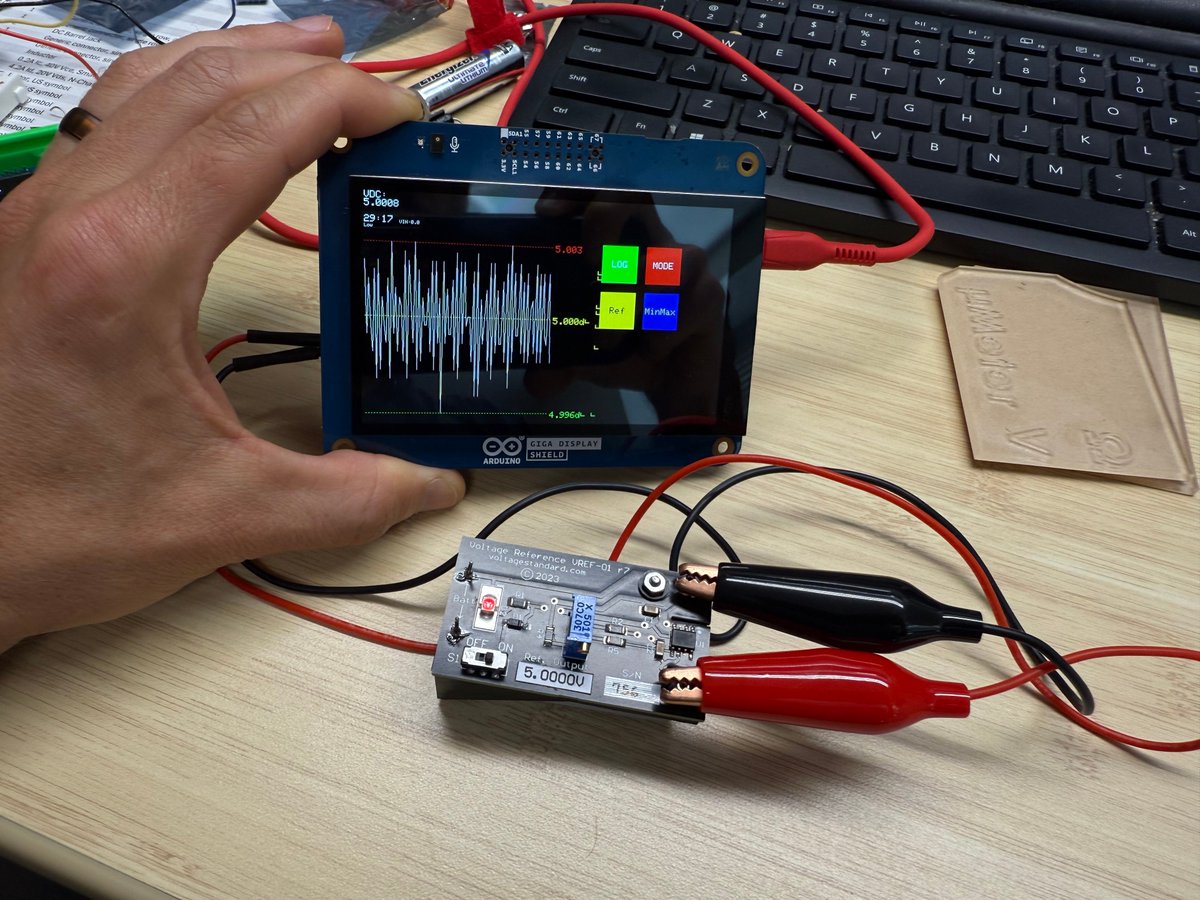 OIHDesigns's tweet photo. Just got calibrated voltage references for my DMMs. Now I can officially know how accurate they are. I also modded one of my PCBs to work with 3.3vdc boards (level shifting the SDA/SLC lines). Now have an Arduino Giga version, where I can plot the voltage readings. https://t.co/CRTJhFQq7f