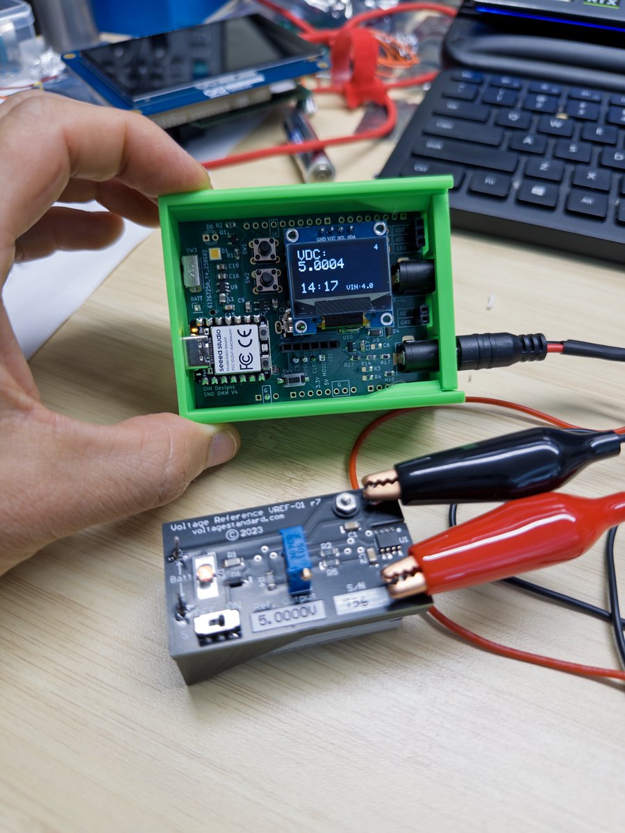 OIHDesigns's tweet photo. Just got calibrated voltage references for my DMMs. Now I can officially know how accurate they are. I also modded one of my PCBs to work with 3.3vdc boards (level shifting the SDA/SLC lines). Now have an Arduino Giga version, where I can plot the voltage readings. https://t.co/CRTJhFQq7f