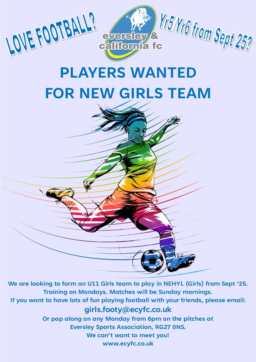 Do you have a daughter going in to Year 5 or 6 from September 2025 and who loves football?? If so, we have the answer!!
Please do get in touch if you'd like more information or just pop down any Monday night from 6pm.
Email: girls.footy@ecyfc.co.uk