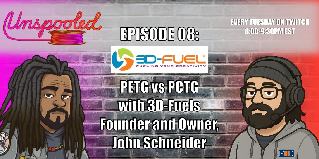 unspooled3DPod's tweet image. PCTG vs PETG?
Join us for Unspooled: Episode 08 as we sit down with John Schneider, Founder of 3D-Fuel, to dive into this filament face-off!
Ask questions, hear from the source, and get the real scoop on PCTG.
Tue @ 8pm EST on @Twitch