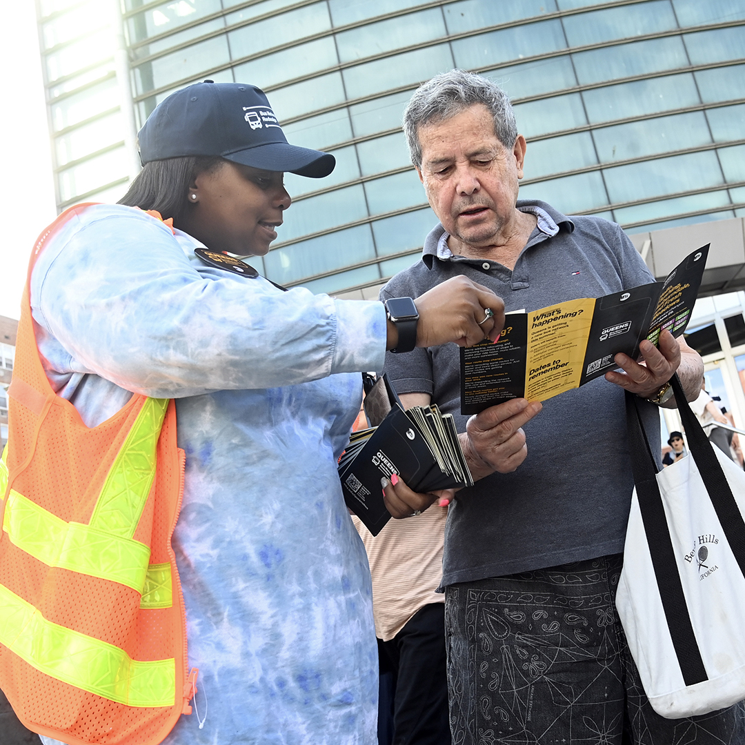 MTA's tweet image. To kickstart the first weekday of the Queens Bus Network Redesign, MTA Chair and CEO Janno Lieber, Chief Customer Officer Shanifah Rieara, and Acting NYCT SVP of Department of Buses Chris Pangilinan joined customer ambassadors this morning to greet bus riders, answer questions,…