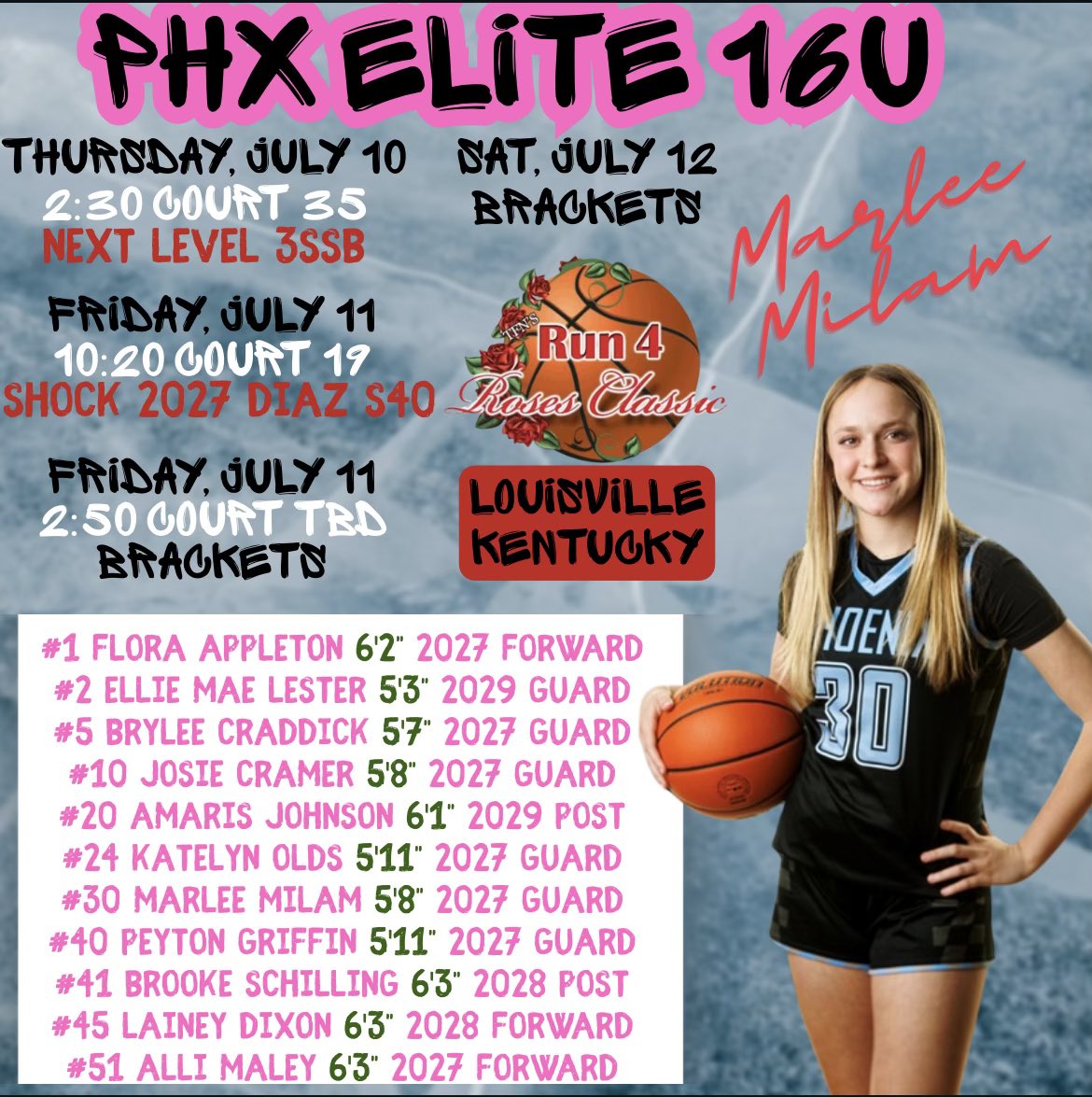 Marlee Milam (@marleemilam) on Twitter photo Run 4 Roses is coming soon!! Coaches, would love y’all to come watch me and my teammates play!! Here is our schedule <a href="/phoenixselect/">Phoenix Select</a> Run 4 Roses is coming soon!! Coaches, would love y’all to come watch me and my teammates play!! Here is our schedule <a href="/phoenixselect/">Phoenix Select</a>