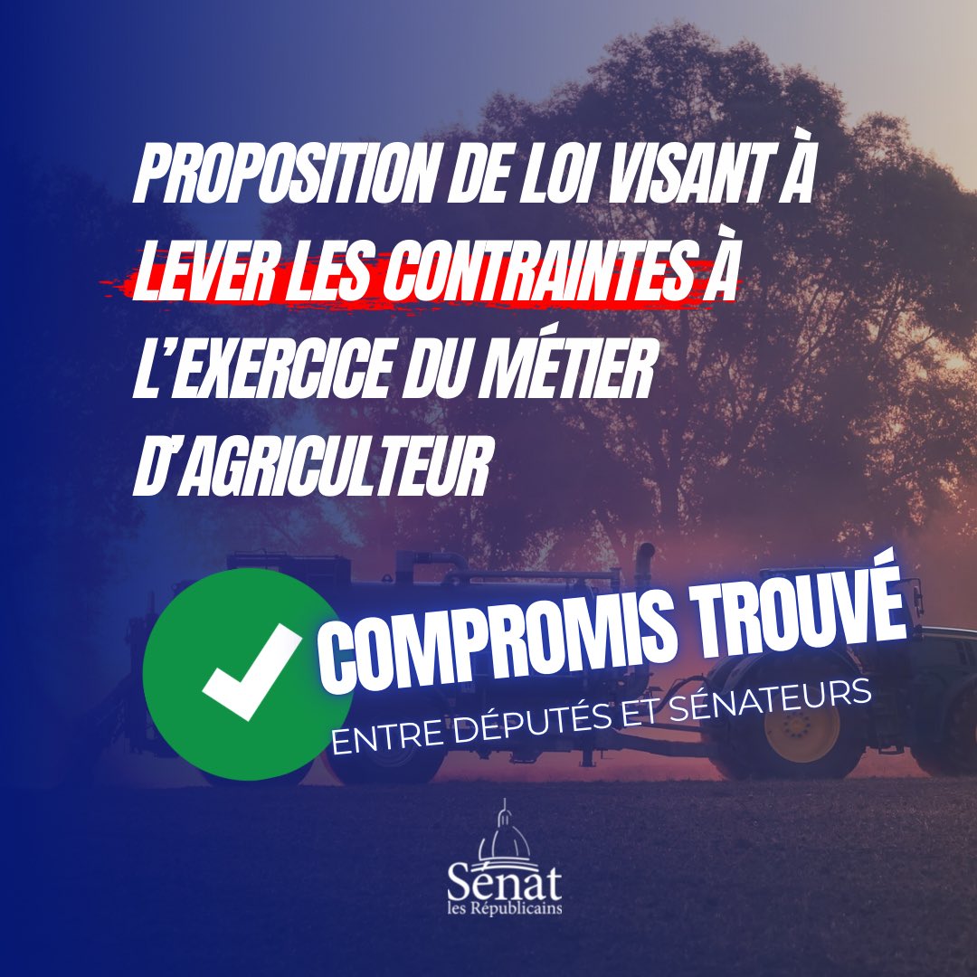 🌾Après de longues discussions, sénateurs et députés sont parvenus à un accord sur la proposition de loi visant à alléger les contraintes pesant sur l’exercice du métier d’agriculteur.

Le Sénat actera cet accord mercredi, suivi par l’Assemblée nationale le 8 juillet.

Un signal