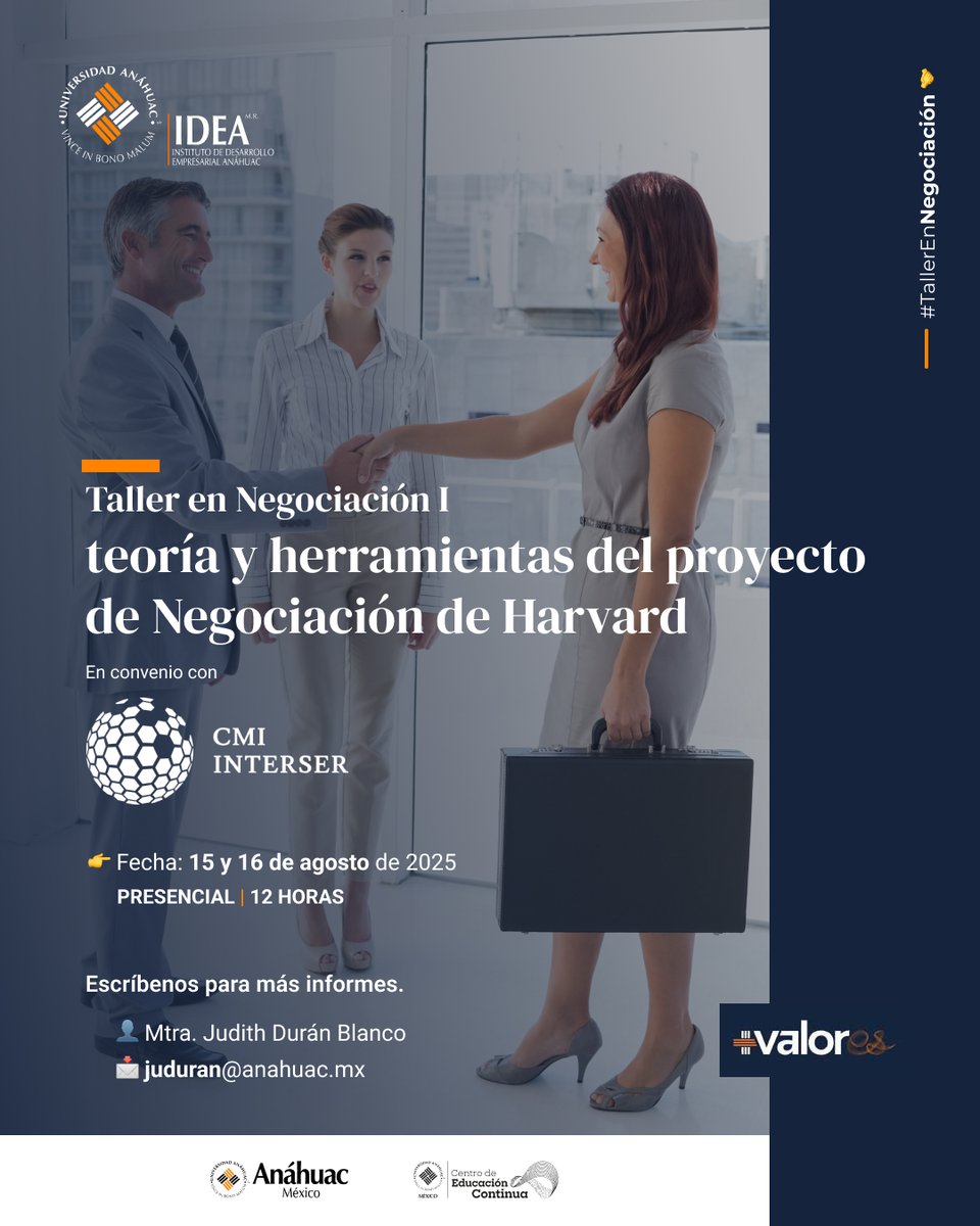 Un buen negociante sabe construir relaciones a largo plazo, inscríbete a este taller diseñado para ti y refuerza tus habilidades. ¡Es ahora! 🤝

+valorEs para construir relaciones que trascienden 🤝💼

Info 👇
👤 Mtra. Judith Durán
📩 juduran@anahuac.mx
📅 15 y 16 de agosto