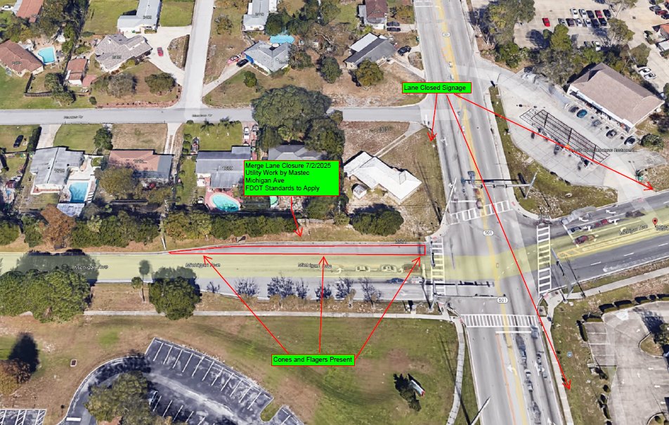 🚧 The merge lane on Michigan Ave will be closed on 7/2/25 for utility work. Traffic cones and Flaggers will be present. The intersection of Michigan Ave. and Clearlake Rd. will remain open.