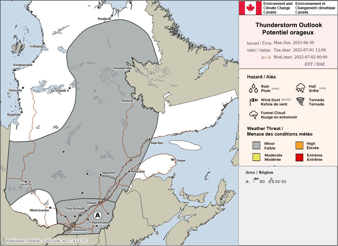 Il fait si beau aujourd'hui, mais demain sera autre chose. 
#Orages possibles (foudre, vent, pluie fort, petite grêle)

Dans la zone A, en pm et en soirée,  les orages produiront des rafales jusqu’à 80 km/h et localement 30 à 50 mm de pluie...

Carte : <a href="/ECCCMeteoQC/">ECCC Météo Québec</a> 
<a href="/le1518/">Le 15-18</a>