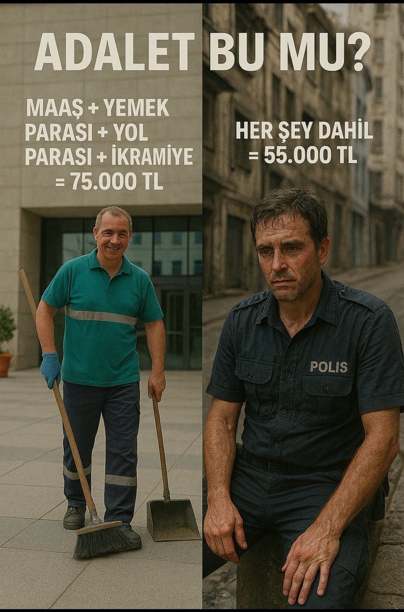 Polis: Gecesi yok, bayramı yok, canı pahasına görevde ayda 260-300 saat arası mesai yapıyor. 

Belediyedeki süpürgeci: 
Sabah 8, akşam 5
çay-sigara molalı mesai.

Maaş farkı: Süpürgeci 75K, polis 55K.

Sizce de bu işte bir terslik yok mu? 

 #GörevTavanMaaşTaban