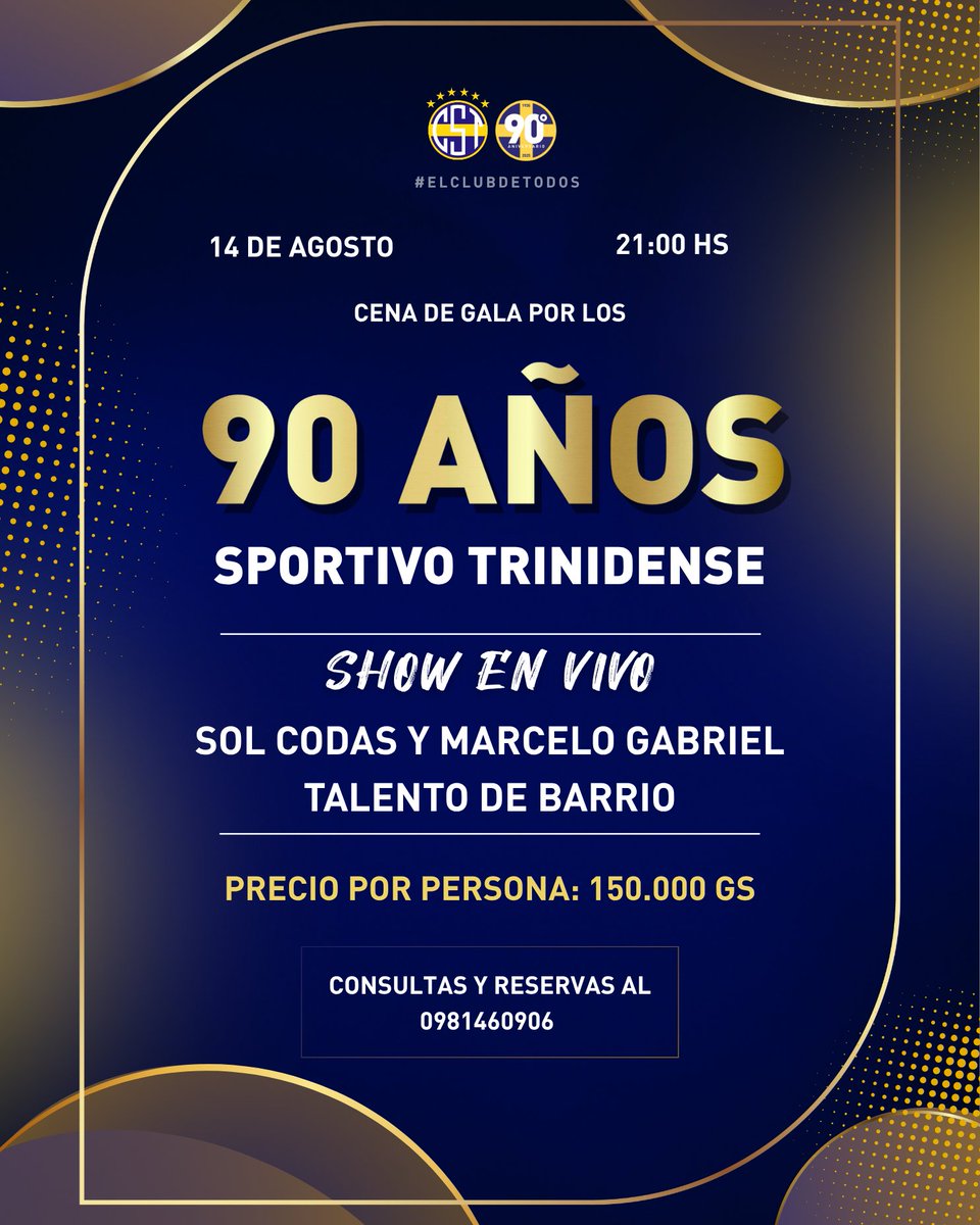 CST_1935's tweet image. 🎉 𝗟𝗢𝗦 𝟵𝟬 𝗦𝗘 𝗖𝗘𝗟𝗘𝗕𝗥𝗔𝗡 𝗘𝗡 𝗙𝗔𝗠𝗜𝗟𝗜𝗔 💙💛
Se viene la Cena de Gala por los 90 años de nuestro querido Sportivo Trinidense. Un encuentro único, con show en vivo y mucha emoción.