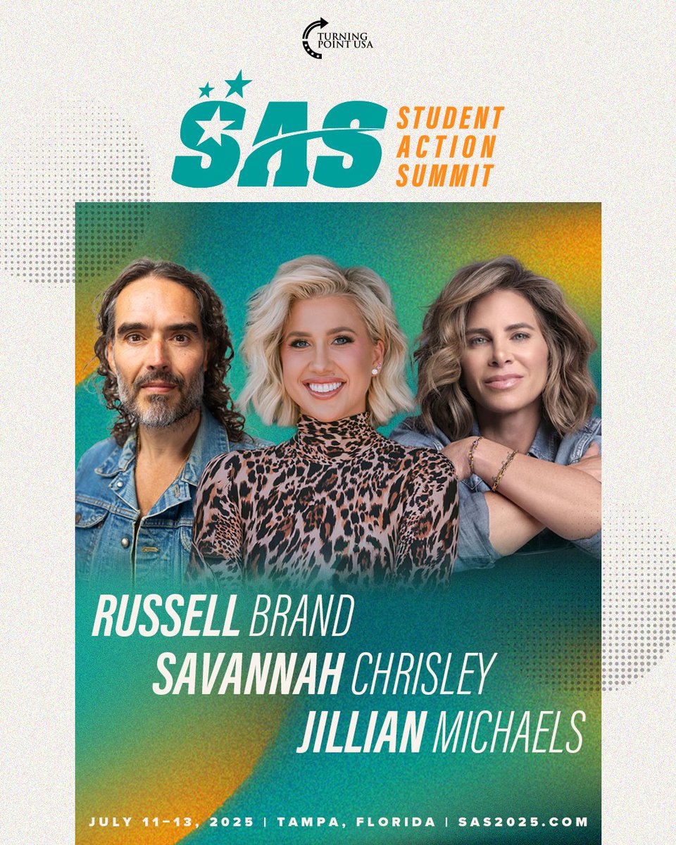 Turning Point USA (@tpusa) on Twitter photo Russell Brand, Jillian Michaels, and Savannah Chrisley are officially part of the SAS 2025 lineup! 🔥 <a href="/rustyrockets/">Russell Brand</a> <a href="/JillianMichaels/">Jillian Michaels</a> <a href="/_ItsSavannah_/">Savannah Chrisley</a>
Now until 7/7/25 at 11:59 PM PST, get $20 GA tickets with our Fourth of July sale 🇺🇸
BE THERE: sas2025.com/?utm_source=so… Russell Brand, Jillian Michaels, and Savannah Chrisley are officially part of the SAS 2025 lineup! 🔥 <a href="/rustyrockets/">Russell Brand</a> <a href="/JillianMichaels/">Jillian Michaels</a> <a href="/_ItsSavannah_/">Savannah Chrisley</a>
Now until 7/7/25 at 11:59 PM PST, get $20 GA tickets with our Fourth of July sale 🇺🇸
BE THERE: sas2025.com/?utm_source=so…