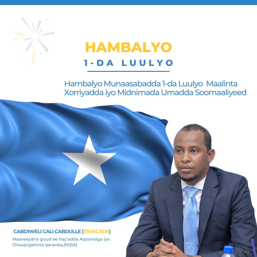 NIRA Somalia (@nirasomalia) on Twitter photo 1/2:
Maareeyaha Guud ee Hay'adda NIRA, <a href="/AbdiwaliAbdulle/">Abdiweli Timacade</a>, waxa uu hawl-wadeennada hawl-karka ah ee Hay'adda NIRA iyo dhammaan ummadda Soomaaliyeed ugu hambalyaynayaa Xuska 1-da Luuliyo oo ku astaysan Maalinta Xorriyadda iyo Midnimada ๐ธ๐ด. 1/2:
Maareeyaha Guud ee Hay'adda NIRA, <a href="/AbdiwaliAbdulle/">Abdiweli Timacade</a>, waxa uu hawl-wadeennada hawl-karka ah ee Hay'adda NIRA iyo dhammaan ummadda Soomaaliyeed ugu hambalyaynayaa Xuska 1-da Luuliyo oo ku astaysan Maalinta Xorriyadda iyo Midnimada ๐ธ๐ด.
