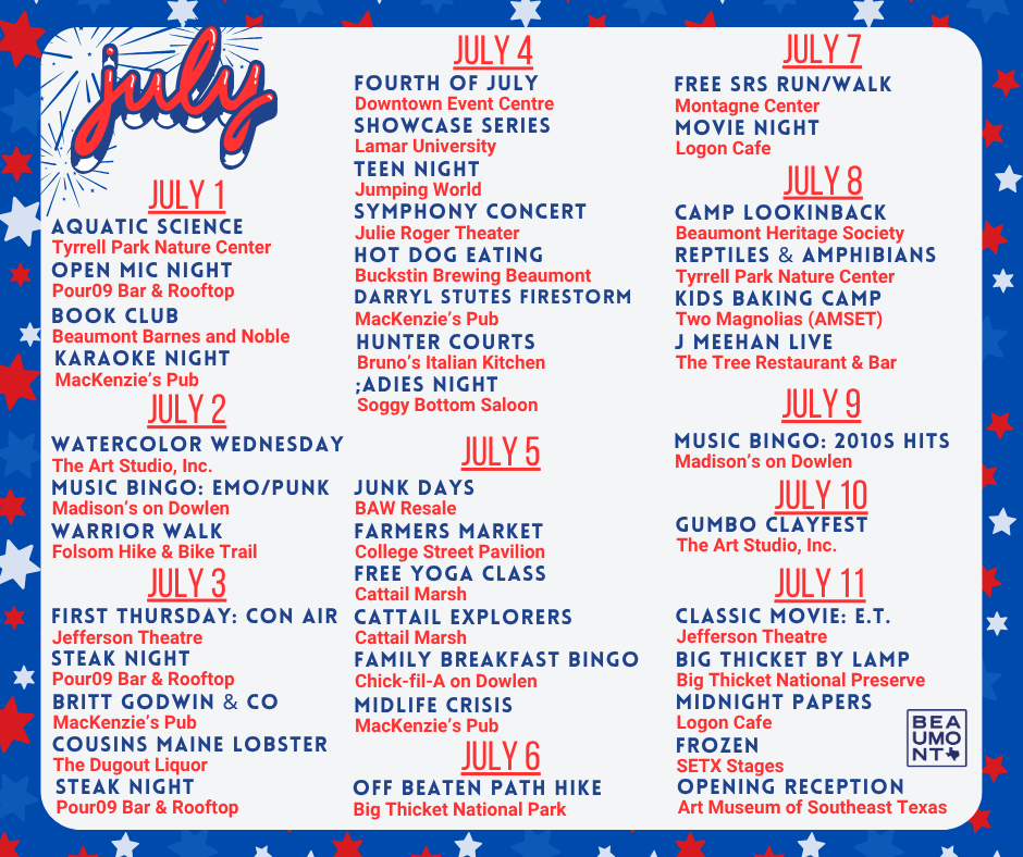 VisitBeaumontTX's tweet photo. Summer is heating up and we're here for all of them! Which one is going on your calendar? https://t.co/xrItkYmVHd