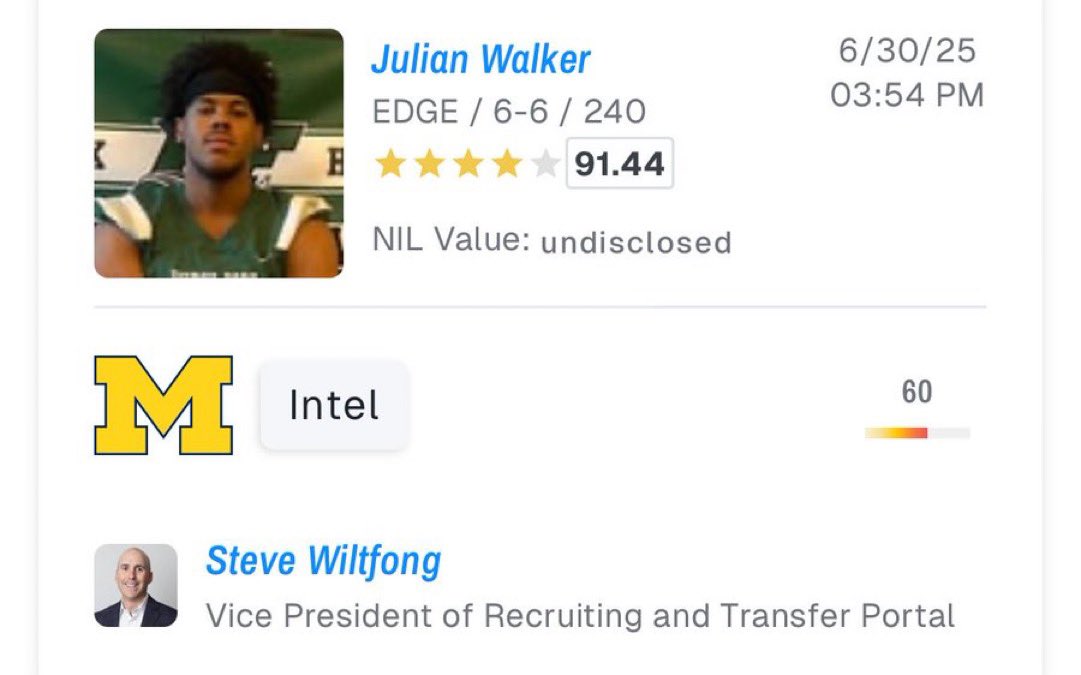 WolverineSource's tweet image. BREAKING: 2026 ELITE Edge Julian Walker has been predicted to Michigan by @On3sports Steve Wiltfong. #GoBlue 〽️
