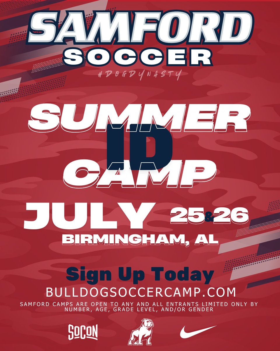 SamfordSoccer's tweet image. Our Summer ID Camp is coming up July 25-26! Sign up today at BulldogSoccerCamp.com!
#DogDynasty | #AllForSAMford