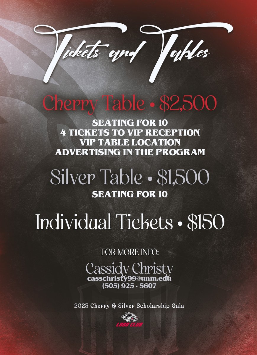 UNMLoboClub's tweet image. Lobos, get ready for an unforgettable night!
You’re officially invited to the 2025 Cherry & Silver Scholarship Gala, presented by Frontier/Golden Pride, on August 16 at The Clyde Hotel!
Join Lobo Nation for an evening of celebration, connection, and purpose!
Every ticket and…