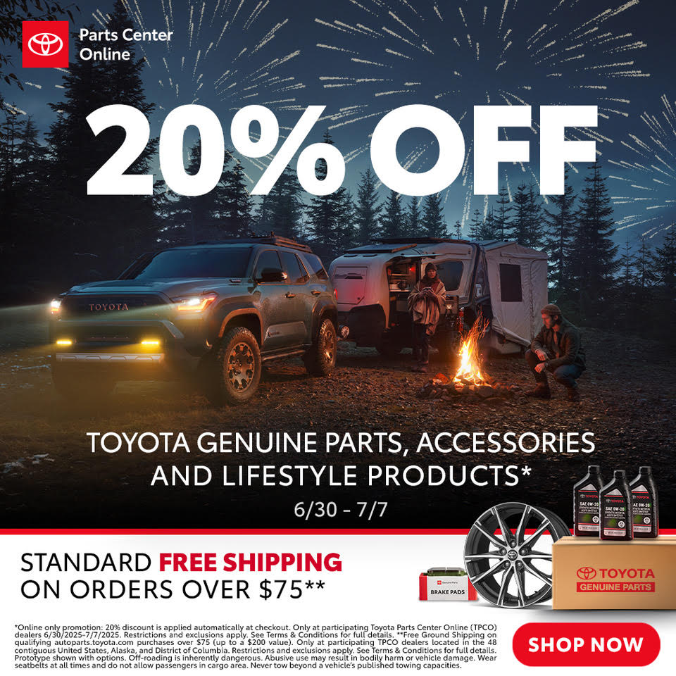 From June 30th to July 7th, enjoy a special 20% discount on all genuine Toyota parts, accessories, and lifestyle products when you shop online at Tuscaloosa Toyota.

Shop today at tuscaloosatoyota.com!

#TuscaloosaToyota #ToyotaParts #GenuineParts #ToyotaAccessories