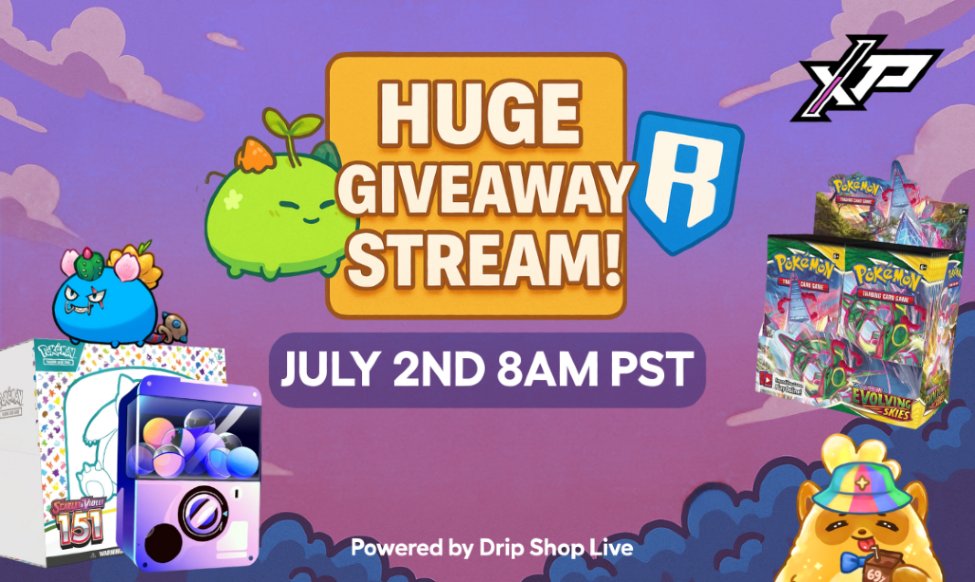 $7,000+ in Pokémon giveaways! 🚨

Live July 2nd—free Evolving Skies, 151 ETBs, and a sealed Moonbreon bounty drop. (Win a sealed Evolving Skies case)

Special guests, Giveaways, Bounties &amp; more.

Don’t miss the Drip x <a href="/Ronin_Network/">Ronin</a> stream—RSVP now👇