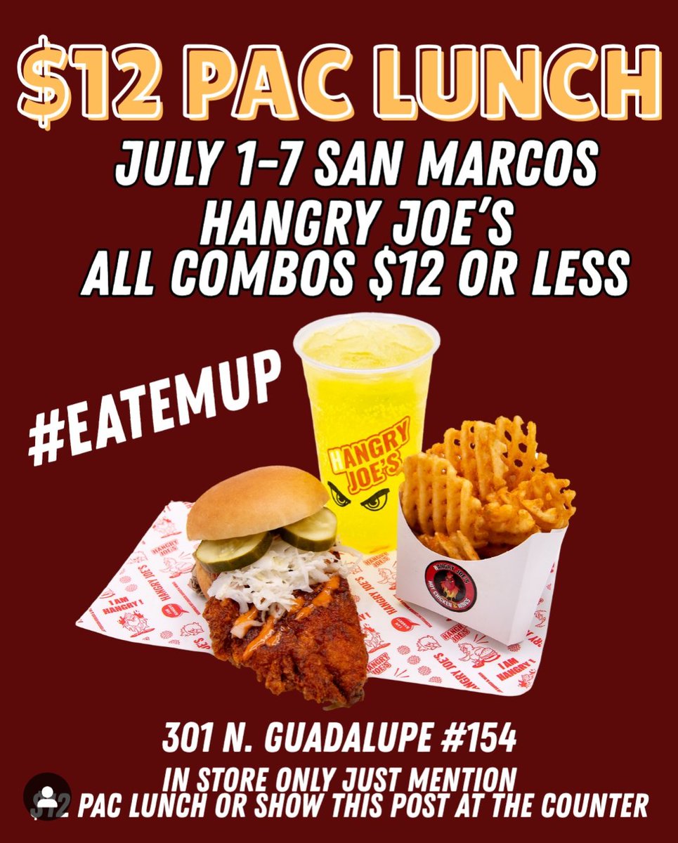Hangry Joe's San Marcos (@hangryjoessm) on Twitter photo 🎉BIG NEWS SAN MARCOS!!! To Celebrate this week's historic announcement by <a href="/kdamp/">𝙺𝚎𝚕𝚕𝚢 𝙳𝚊𝚖𝚙𝚑𝚘𝚞𝚜𝚜𝚎</a> and our Beloved Bobcats we are running a $12 PAC Lunch Special July 1-7 at Hangry Joe's! All Combo meals for $12 or less!
#eatemup #downtownsmtx #hotchicken 🎉BIG NEWS SAN MARCOS!!! To Celebrate this week's historic announcement by <a href="/kdamp/">𝙺𝚎𝚕𝚕𝚢 𝙳𝚊𝚖𝚙𝚑𝚘𝚞𝚜𝚜𝚎</a> and our Beloved Bobcats we are running a $12 PAC Lunch Special July 1-7 at Hangry Joe's! All Combo meals for $12 or less!
#eatemup #downtownsmtx #hotchicken
