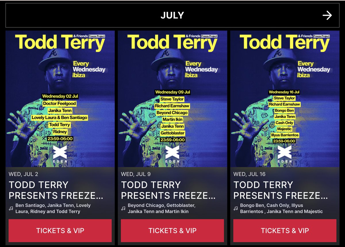Todd Terry (@djtoddterry) on Twitter photo Every Wednesday at <a href="/eden_ibiza/">Eden Ibiza</a>
<a href="/djtoddterry/">Todd Terry</a> & Friends: <a href="/FreezeRec/">Freeze.Records</a> Project
Ticket: edenibiza.com/toddterry/ Every Wednesday at <a href="/eden_ibiza/">Eden Ibiza</a>
<a href="/djtoddterry/">Todd Terry</a> & Friends: <a href="/FreezeRec/">Freeze.Records</a> Project
Ticket: edenibiza.com/toddterry/